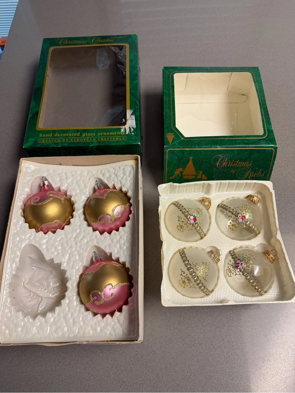 Vintage Christmas by Krebs Glass Ornaments Lot 7 Pink Flowers Gold Boxed
